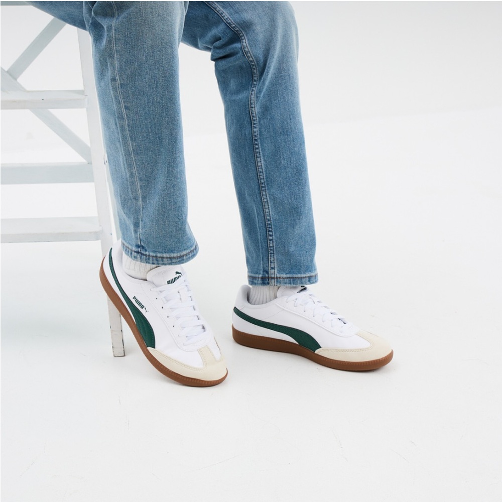 Puma White Green Beige Suede Accents Sneakers Men size 9.5